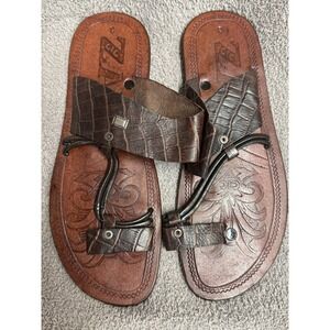 ZARA Leather Gladiator Sandals Women's 10.5-11 Brown Croc Embossed Italy NEW